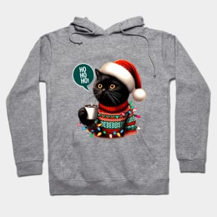 Santa Black Cat Tangled Up In Christmas Tree Lights Holiday Hoodie